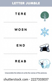 Education game for children letter jumble write the correct name for cute cartoon tree snow den bear printable winter worksheet