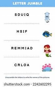 Education game for children letter jumble write the correct name for cute cartoon squid fish mermaid coral printable underwater worksheet