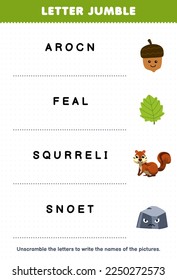 Education game for children letter jumble write the correct name for cute cartoon acorn leaf squirrel stone printable nature worksheet