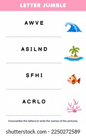 Education game for children letter jumble write the correct name for cute cartoon wave island fish coral printable nature worksheet