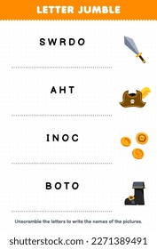 Education game for children letter jumble write the correct name for cute cartoon sword hat coin boot printable pirate worksheet