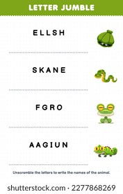 Education game for children letter jumble write the correct name for cute cartoon shell snake frog iguana printable animal worksheet
