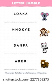 Education game for children letter jumble write the correct name for cute cartoon koala monkey panda bear printable animal worksheet