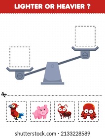 Education game for children lighter or heavier cut pictures below and glue to the right box with cute cartoon animal parrot pig ant octopus