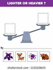 Education game for children lighter or heavier cut pictures below and glue to the right box with cute cartoon animal bat dog spider yak