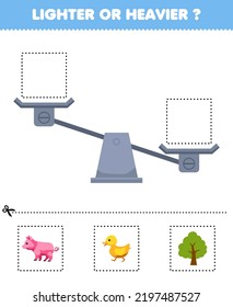 Juego de educación para niños con imágenes cortadas más o menos pesadas y pegarse a la caja derecha con una tira de dibujos animados árbol de pato de cerdo hoja de cálculo imprimible