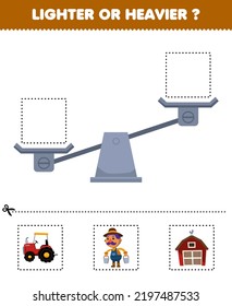 Juego de educación para niños con dibujos más ligeros o más pesados debajo y pegarse a la caja derecha con una hoja de trabajo de granja de tractores de dibujos animados lindo imprimible
