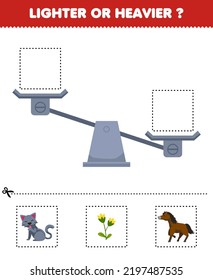 Juego de educación para niños con dibujos más ligeros o más pesados debajo y pegarse a la caja derecha con dibujos animados adorables de la flor del gato caballo de dibujos imprimibles hoja de trabajo de la granja