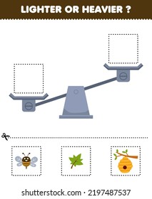 Juego de educación para niños imágenes cortadas más o menos pesadas y pegarse a la caja derecha con una caricatura preciosa hoja de cálculo de la granja imprimible de la colmena de abejas