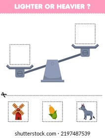 Education game for children lighter or heavier cut pictures below and glue to the right box with cute cartoon windmill corn donkey printable farm worksheet