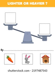 Juego de educación para niños con dibujos más ligeros o más pesados debajo y pegarse a la caja derecha con una hoja de cálculo de la granja de la zanahoria tirita lindo