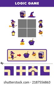 Education game for children logic puzzle build the road for witch move to cauldron candy and spell book halloween printable worksheet