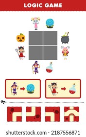 Education game for children logic puzzle build the road for witch and devil girl costume halloween printable worksheet