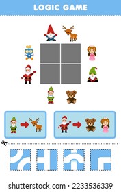 Education game for children logic puzzle build the road for gnome and santa move to deer teddy bear and doll printable winter worksheet