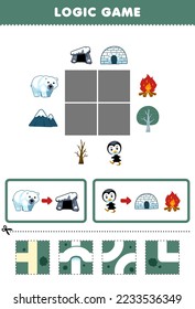 Education game for children logic puzzle build the road for polar bear and penguin move to den bonfire and igloo printable winter worksheet