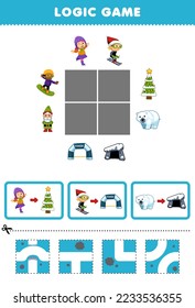 Education game for children logic puzzle build the road for girl boy and polar bear move to christmas tree finish line and den printable winter worksheet