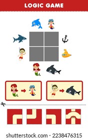 Education game for children logic puzzle build the road for mermaid and diver move to mermaid and orca printable underwater worksheet