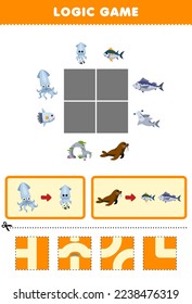 Education game for children logic puzzle build the road for squid and walrus move to fish printable underwater worksheet