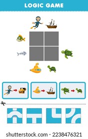 Education game for children logic puzzle build the road for diver submarine and turtle move to treasure chest and wrecked ship printable underwater worksheet