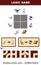 Education game for children logic puzzle build the road for hammer shark and diver move to squid and shell treasure chest printable underwater worksheet