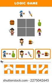Education game for children logic puzzle build the road for pirate crew move to bottle sword and mug printable pirate worksheet