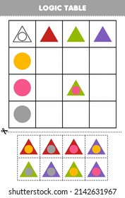 Erziehungsspiel für Kinder Logik Tabelle geometrische Form Dreieck und Kreis druckbare Arbeitsblatt