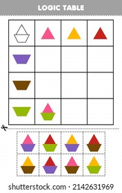 Education game for children logic table geometric shape triangle and trapezoid printable worksheet