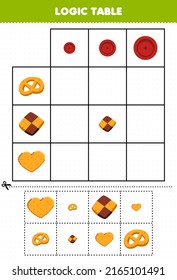 Education game for children logic table sorting size small medium or big of cartoon food biscuit picture printable worksheet