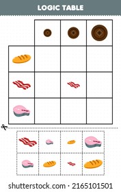 Education game for children logic table sorting size small medium or big of cartoon food bread bacon salmon picture printable worksheet