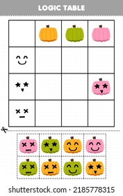 Education game for children logic table pumpkin and face emotion halloween printable worksheet