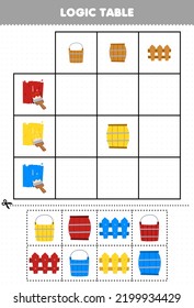 Education game for children logic table cut and match of cute cartoon basket barrel and fence picture printable farm worksheet
