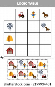 Education game for children logic table cut and match of cute cartoon tractor scarecrow horse windmill haystack and barn picture printable farm worksheet