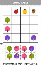 Education game for children logic table cut and match of cute cartoon apple orange peanut and tree picture printable farm worksheet