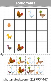 Education Game For Children Logic Table Cut And Match Of Cute Cartoon Chicken Egg Goose And Duck Picture Printable Farm Worksheet