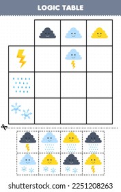 Education game for children logic table cartoon cloud match with thunder rain or snowflake printable nature worksheet