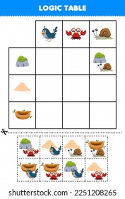 Education game for children logic table cartoon bird crab snail match with stone sand or nest printable nature worksheet
