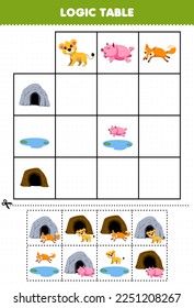 Education game for children logic table cartoon lion cub pig and fox match with cave pond or den printable nature worksheet