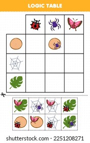 Education game for children logic table cartoon ladybug spider butterfly match with wood web or leaf printable nature worksheet