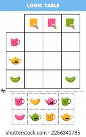 Education game for children logic table cartoon mug teapot and bowl match with correct color printable tool worksheet