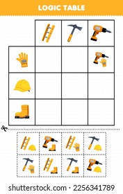 Education game for children logic table cartoon pickaxe ladder and drill match with correct helm glove or boot printable tool worksheet