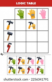 Education game for children logic table cartoon hammer wrench match with correct glove printable tool worksheet