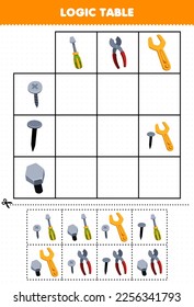 Juego de educación para niños tabla lógica tabla caricaturista pinzas de destornillador y llave compatible con la clavija de tornillo correcta o hoja de trabajo de herramienta imprimible de perno