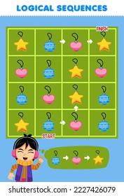 Education game for children logical sequence help girl sort decoration ball heart and star from start to finish printable winter worksheet