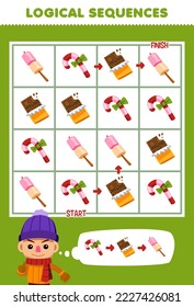 Education game for children logical sequence help boy sort candy chocolate and marshmallow from start to finish printable winter worksheet