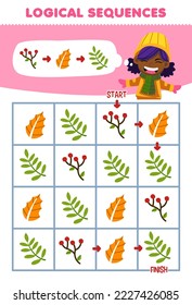 Education game for children logical sequence help girl sort leaf from start to finish printable winter worksheet