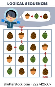 Education game for children logical sequence help boy sort pinecone and acorn from start to finish printable winter worksheet