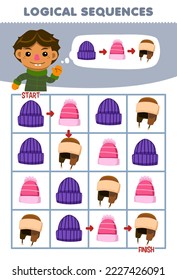 Education game for children logical sequence help boy sort beanie hat from start to finish printable winter worksheet