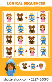 Education game for children logical sequence help girl sort teddy bear robot and doll from start to finish printable winter worksheet