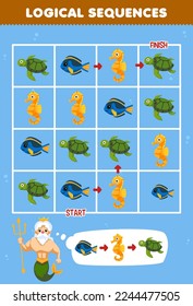 Education game for children logical sequence help mermaid sort fish seahorse and turtle from start to finish printable underwater worksheet