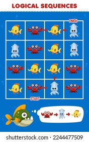Education game for children logical sequence help piranha sort crab squid and fish from start to finish printable underwater worksheet